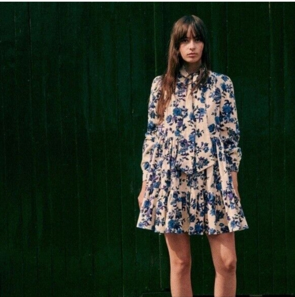 Sezane Soledad Floral Long Sleeve Dress - Blue and Cream